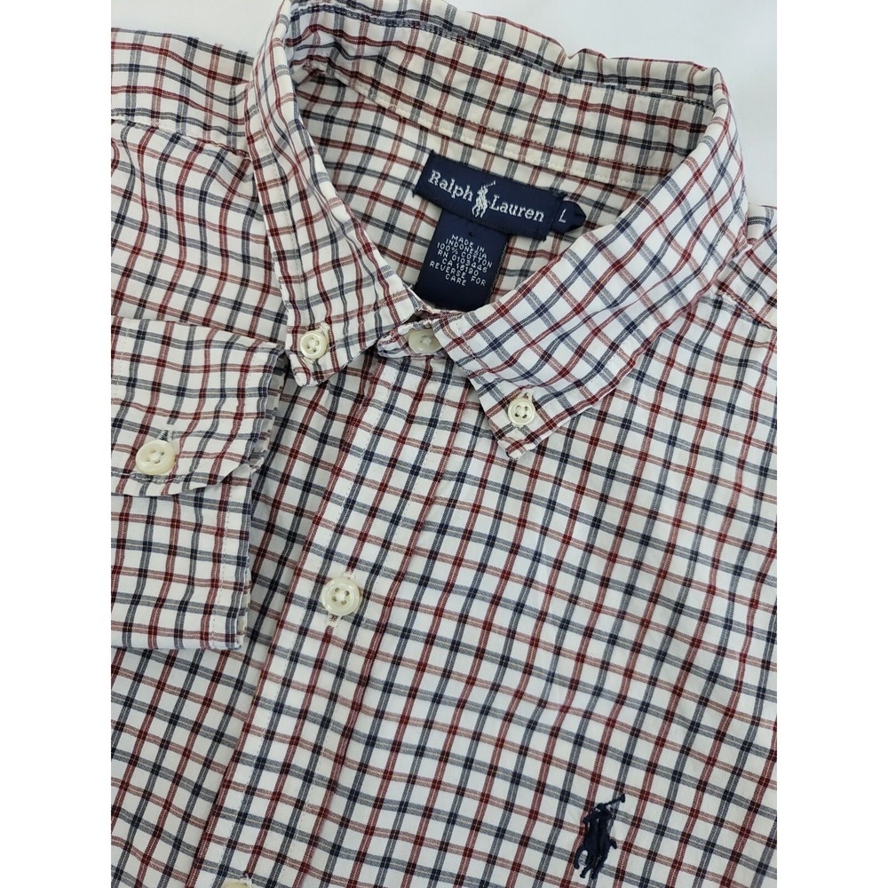 Ralph Lauren Mens Large Check Button Down Shirt Red/White/Blue Long Sleeve Prepp